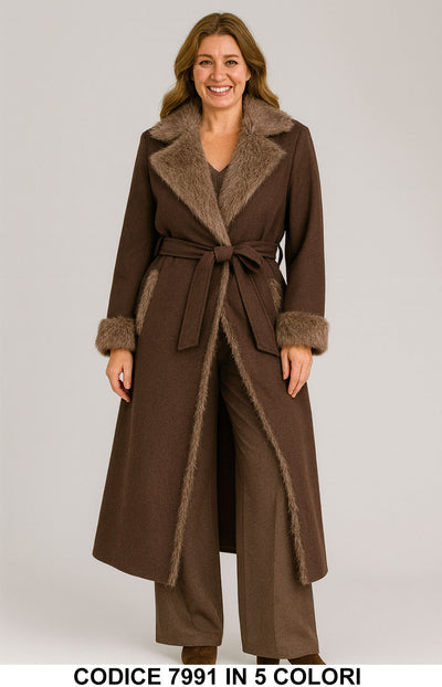 Cappotto lungo in pelliccia interna con cintura Elegante Fashion Giacca Lunga in Marrone – 7991