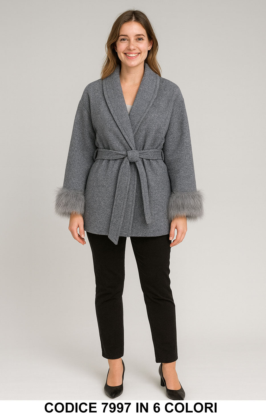 Giacchino corto con cintura e polsini in eco pelliccia Giacca Cappotto Elegante in 6 colori – 7997