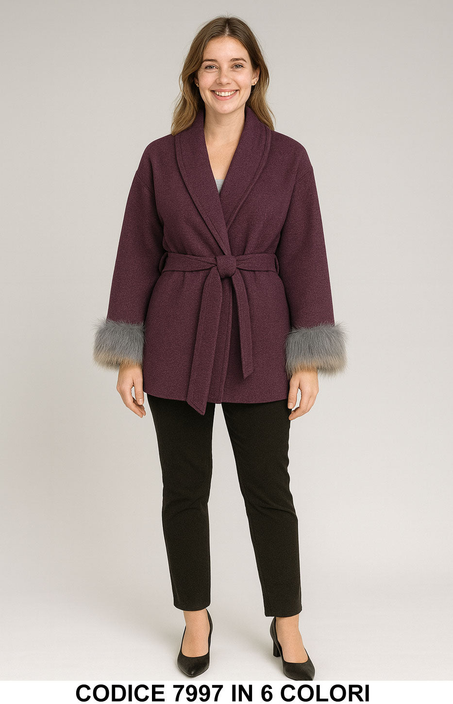 Giacchino corto con cintura e polsini in eco pelliccia Giacca Cappotto Elegante in 6 colori – 7997
