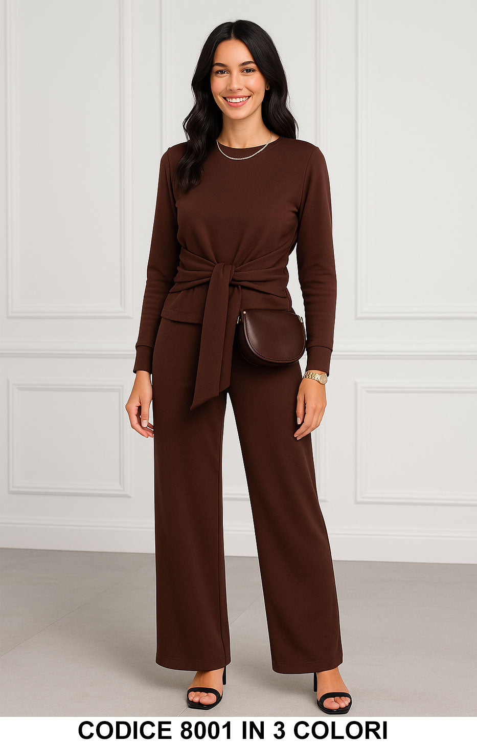 Completo maglia con cintura in tessuto Pantalone Palazzo Coordinato in 3 colori – 8001