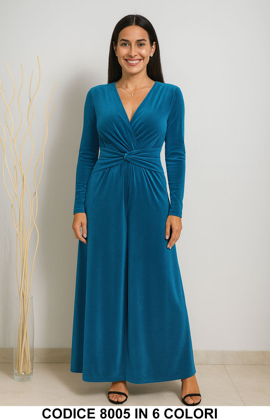 Abito lungo elegante in velluto con nodo in vita Vestito Vellutino in 6 colori – 8005