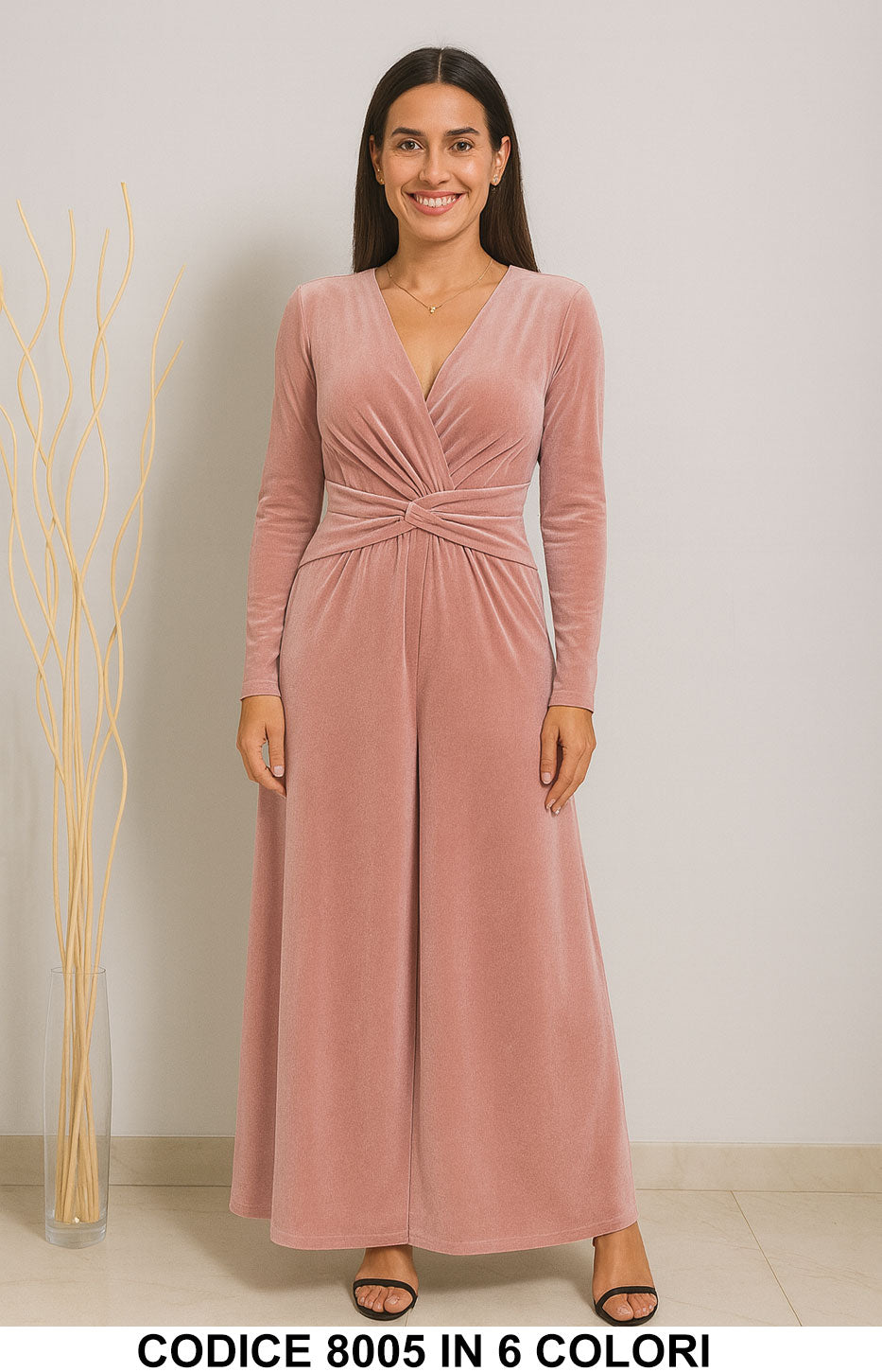 Abito lungo elegante in velluto con nodo in vita Vestito Vellutino in 6 colori – 8005