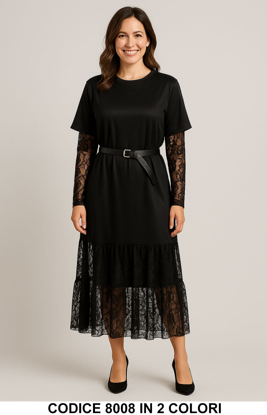 Abito lungo con inserti in pizzo e cintura Vestito Elegante Romantico in 2 colori – 8008