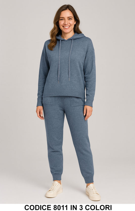 Completo casual con felpa cappuccio laccetti con strass Pantalone Elastico Tuta in 3 colori – 8011