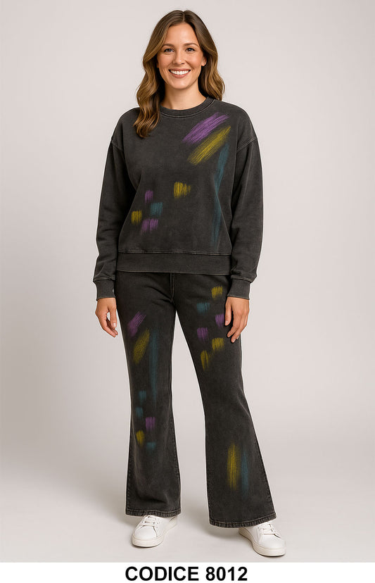 Completo casual nero con pennellate colorate Felpa e Pantalone Palazzo Coordinato – 8012