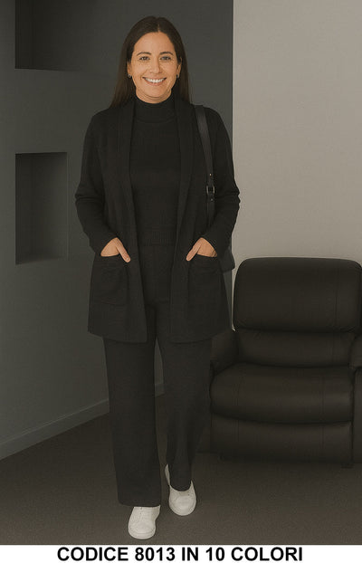 Completo maglia 3 pezzi con dolcevita, cardigan lungo e palazzo Coordinato in Nero – 8013