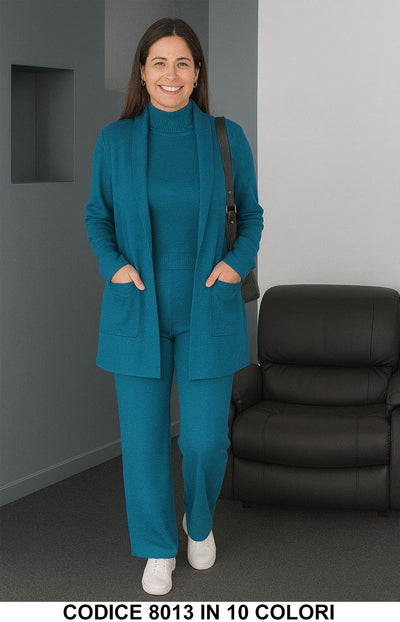 Completo maglia 3 pezzi con dolcevita, cardigan lungo e palazzo Coordinato in 8 Colori – 8013