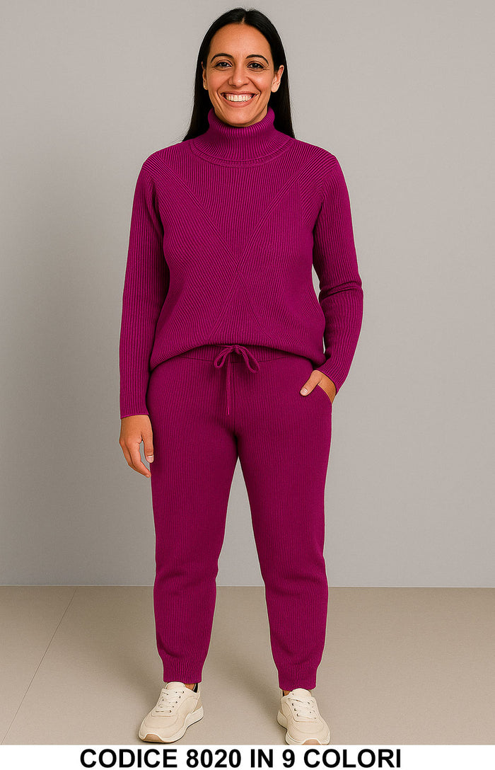 Completo dolcevita in maglia a costine Maglia Pantalone Elastico Coordinato in Fucsia – 8020