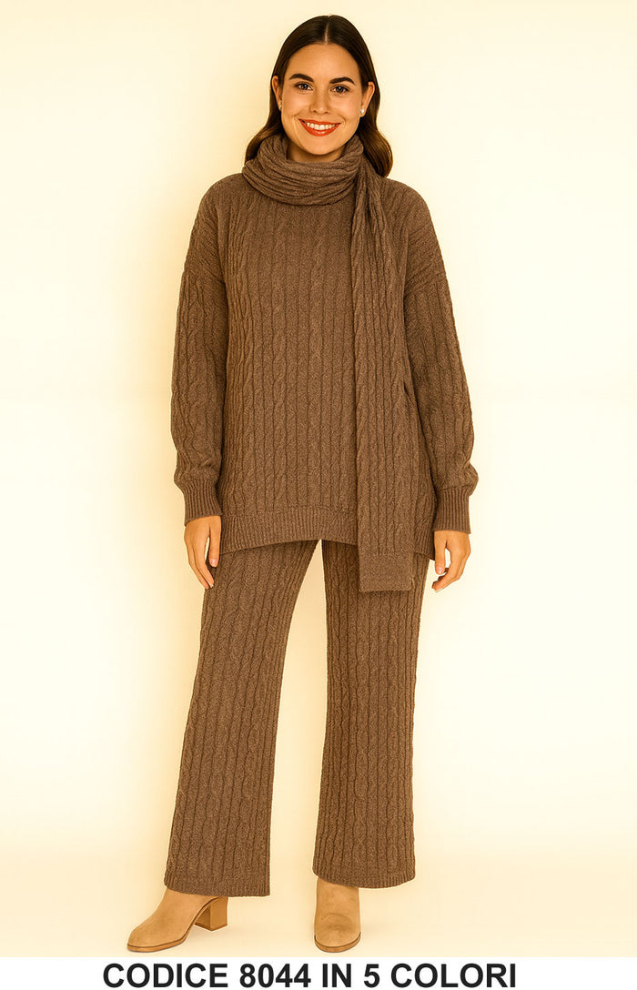 Completo maglia pantalone tre pezzi con sciarpa Coordinato Trecce in Marrone – 8044