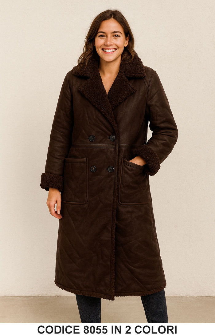 Montone lungo doppiopetto con interno pelliccia soft Cappotto Lungo Elegante in Marrone – 8055