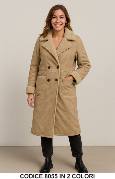 Montone lungo doppiopetto con interno pelliccia soft Cappotto Lungo Elegante in 2 Colori – 8055