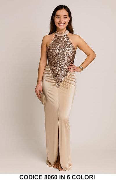 Abito lungo elegante con paillettes Vestito Cerimonia Evento Scollo Americano in 6 colori – 8060