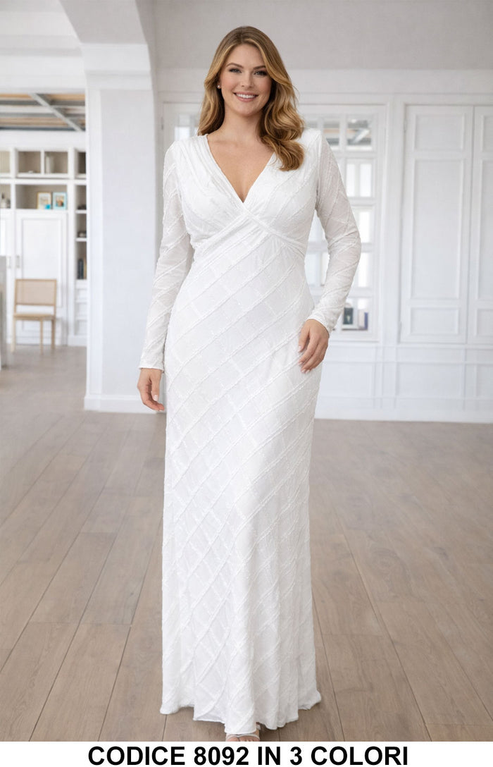 Vestito lungo in tessuto lavorato con scollo incrociato Abito Elegante Evento in Bianco - 8092