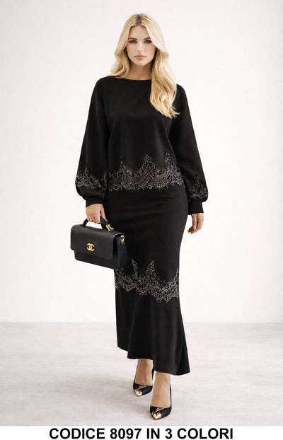 Completo elegante con pizzo decorativo e gonna midi Coordinato Elegante in Nero – 8097