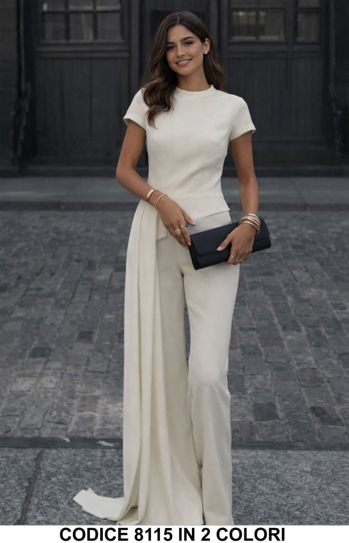 Tuta elegante con pantalone palazzo e drappeggio laterale Jumpsuit Cerimonia in Bianco – 8115