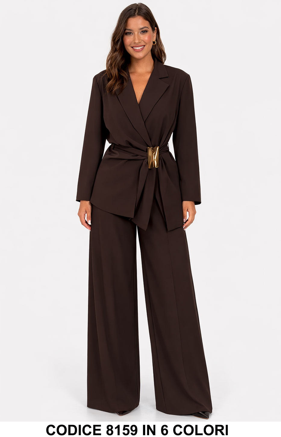 Tailleur elegante Giacca con cintura gioiello e pantalone palazzo Completo in 6 colori – 8159