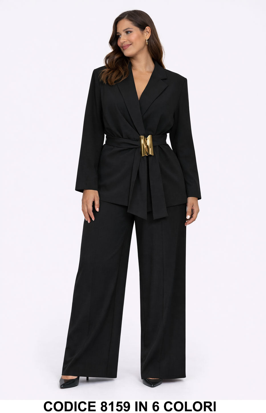 Tailleur elegante Giacca con cintura gioiello e pantalone palazzo Completo in 6 colori – 8159