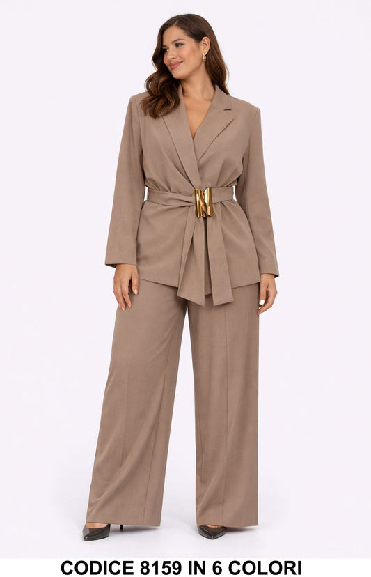 Tailleur elegante Giacca con cintura gioiello e pantalone palazzo Completo in 6 colori – 8159
