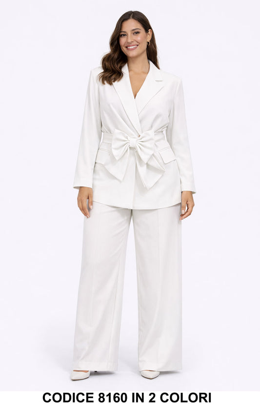 Tailleur elegante Giacca con maxi fiocco e pantalone palazzo Completo Bianco o Nero – 8160