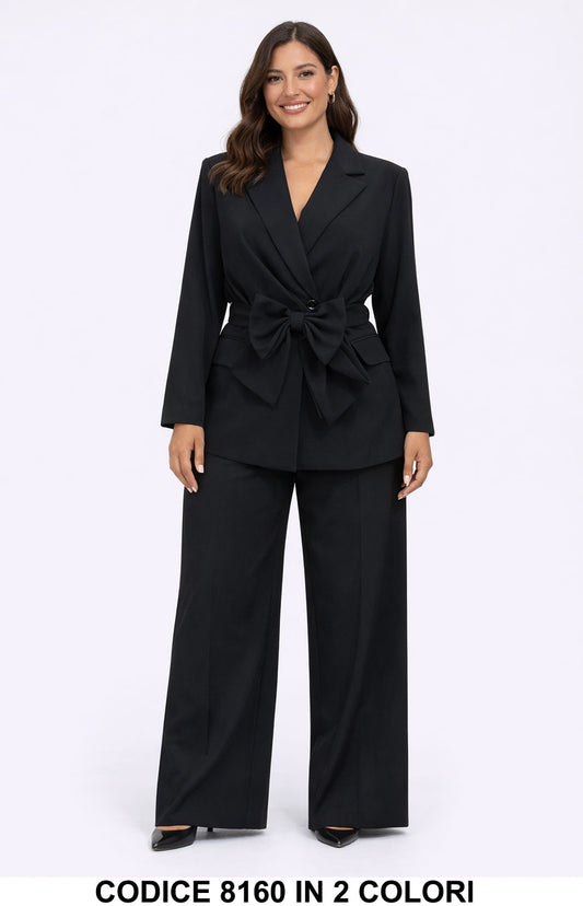 Tailleur elegante Giacca con maxi fiocco e pantalone palazzo Completo Bianco o Nero – 8160