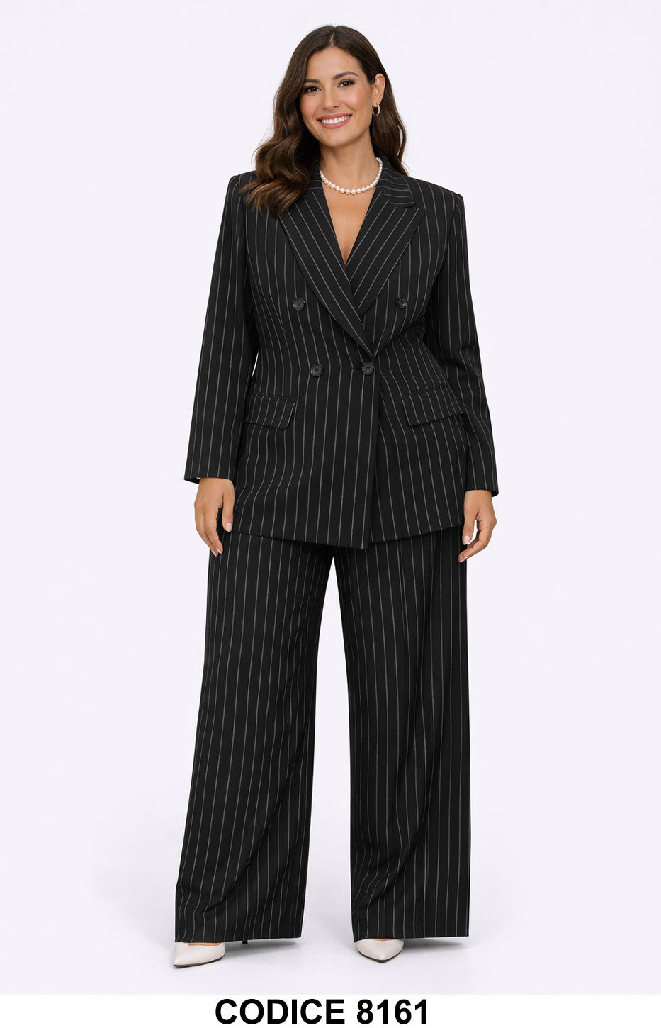 Tailleur gessato Nero Giacca doppiopetto con pantalone palazzo Completo Elegante Cerimonia – 8161