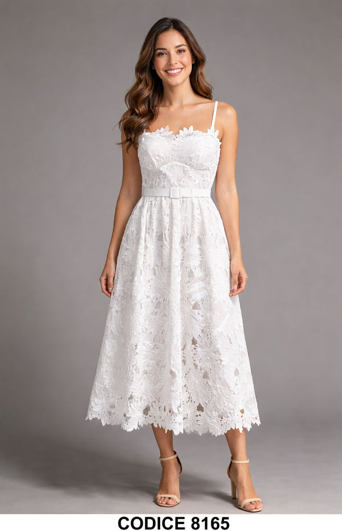 Abito Midi in Pizzo Floreale con Spalline e Cintura Bianco Vestito Macramè Casual  – 8165