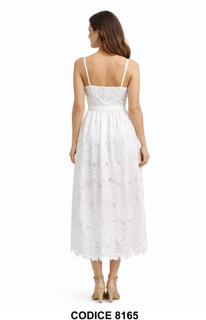 Abito Midi in Pizzo Floreale con Spalline e Cintura Bianco Vestito Macramè Casual  – 8165