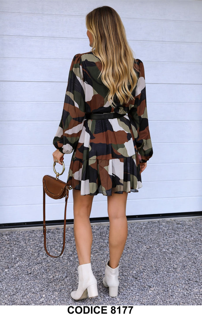 Abito Corto Fantasia con Volant effetto camouflage elegante Vestito Stile Chemisier – 8177