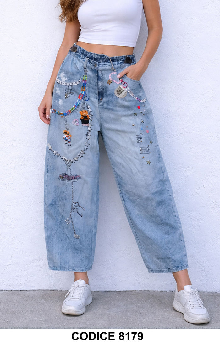 Jeans Capri Donna Decorati con Catene e Charm Pantalone Donna Ragazza Denim – 8179