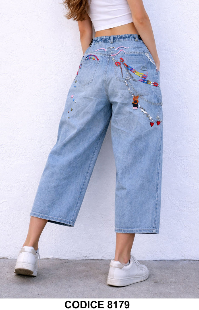 Jeans Capri Donna Decorati con Catene e Charm Pantalone Donna Ragazza Denim – 8179