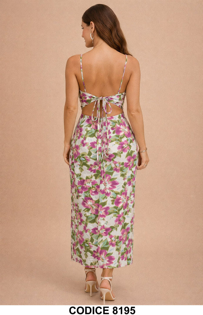 Abito Lungo Floreale con Schiena Scoperta Vestito Tubino Multicolore Romantico – 8195