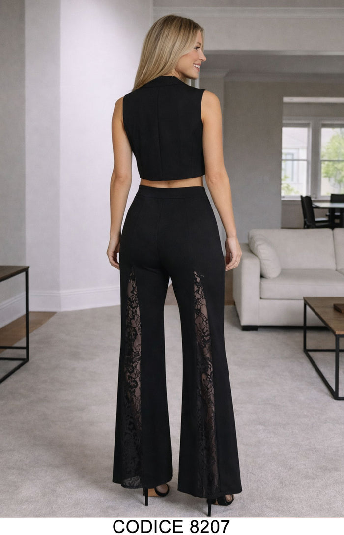 Completo Elegante Nero Top cropped con Pantalone Palazzo e Inserti in Pizzo Glamour – 8207
