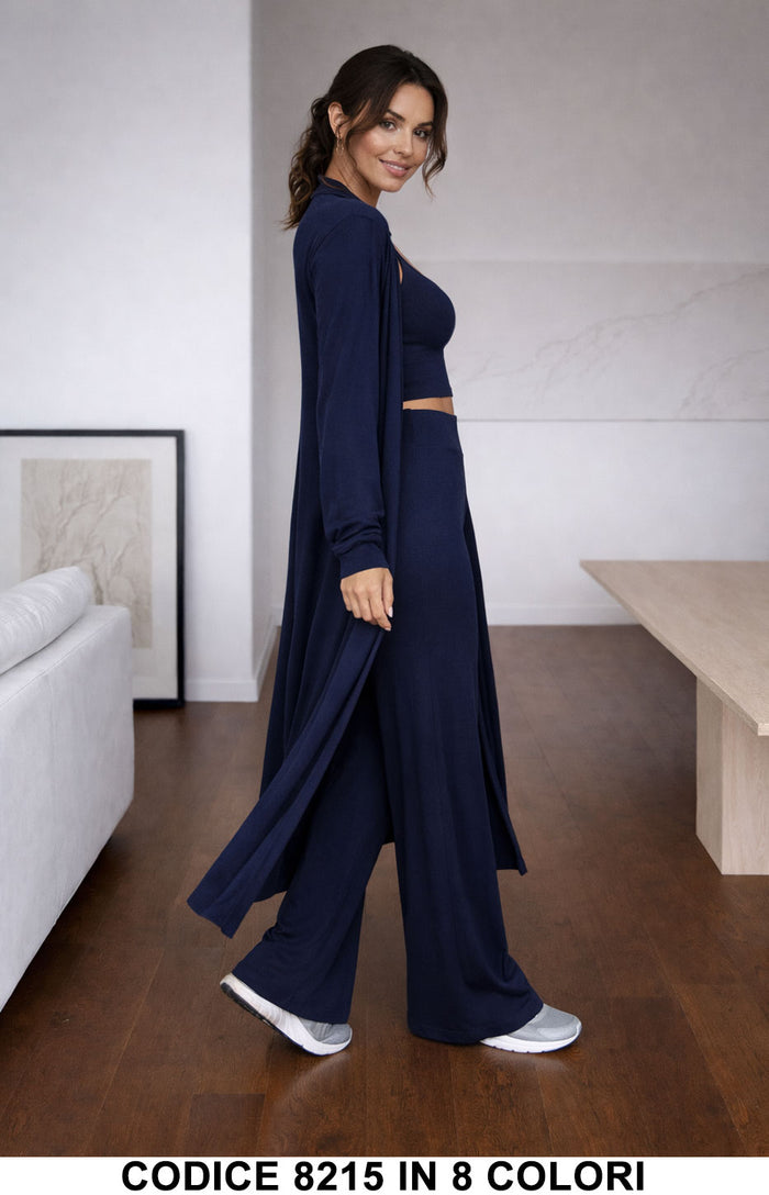 Completo 3 Pezzi Casual Chic con Cardigan Lungo Top e Pantalone Palazzo Coordinato in Blu Notte – 8215