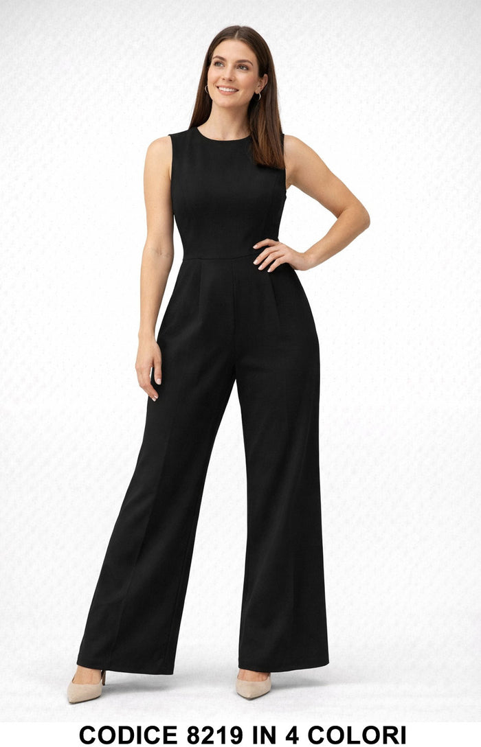 Tuta Elegante Minimal con Schiena Scoperta e Pantalone Palazzo Jumpsuit in Nero – 8219