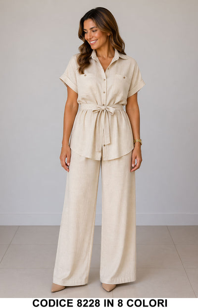 Completo Due Pezzi Casual Camicia Blazer con Cintura e Pantalone Zampa Coordinato in Beige – 8228