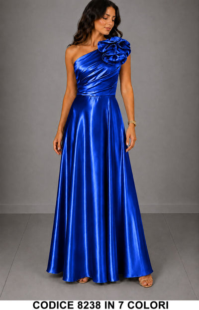 Abito Lungo Elegante Monospalla con Fiore da Cerimonia Vestito rasato per Evento in Blu Elettrico – 8238
