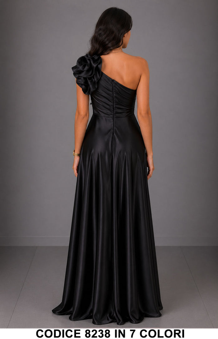 Abito Lungo Elegante Monospalla con Fiore da Cerimonia Vestito rasato per Evento in Nero – 8238