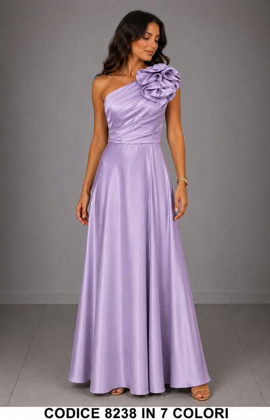 Abito Lungo Elegante Monospalla con Fiore da Cerimonia Vestito rasato per Evento in 7 Colori – 8238