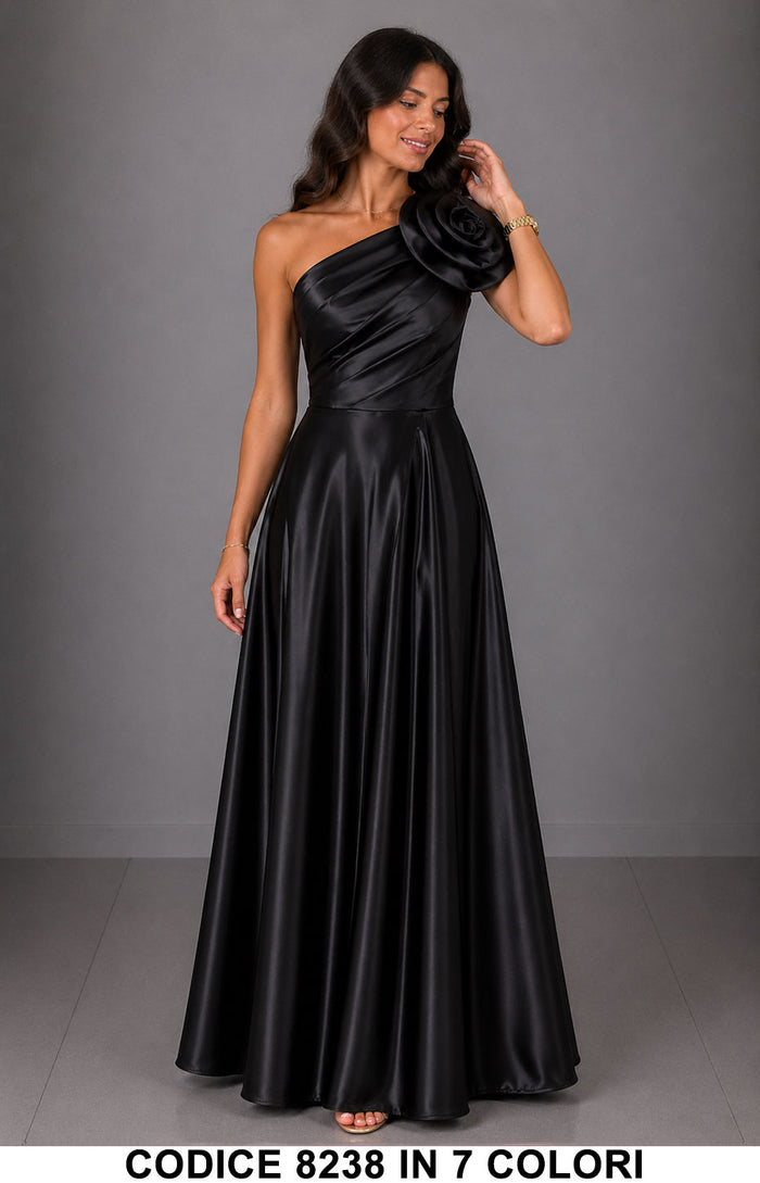 Abito Lungo Elegante Monospalla con Fiore da Cerimonia Vestito rasato per Evento in Nero – 8238