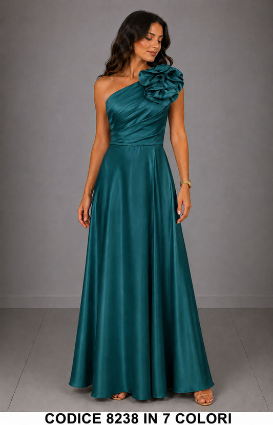 Abito Lungo Elegante Monospalla con Fiore da Cerimonia Vestito rasato per Evento in 7 Colori – 8238