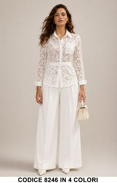 Completo Elegante Giacca Pizzo + Pantalone Palazzo Coordinato Tailleur Cerimonia in 4 Colori – 8246