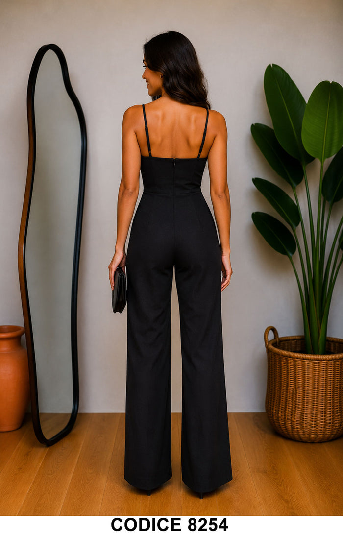 Tuta Elegante Donna con Corsetto in Pizzo e Pantalone Palazzo Jumpsuit Nera Evento – 8254