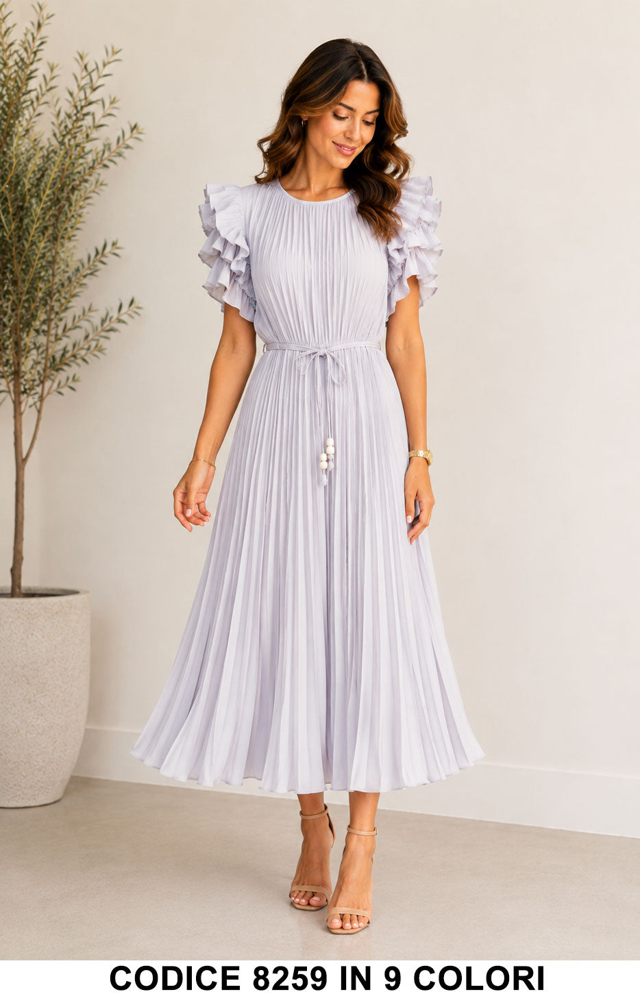 Abito Lungo Plissé con Maniche Volant e Cintura Vestito Casual Elegante in 9 Colori – Codice 8259