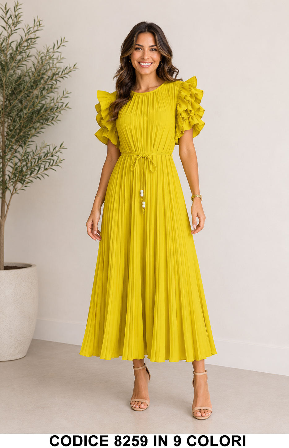 Abito Lungo Plissé con Maniche Volant e Cintura Vestito Casual Elegante in 9 Colori – Codice 8259