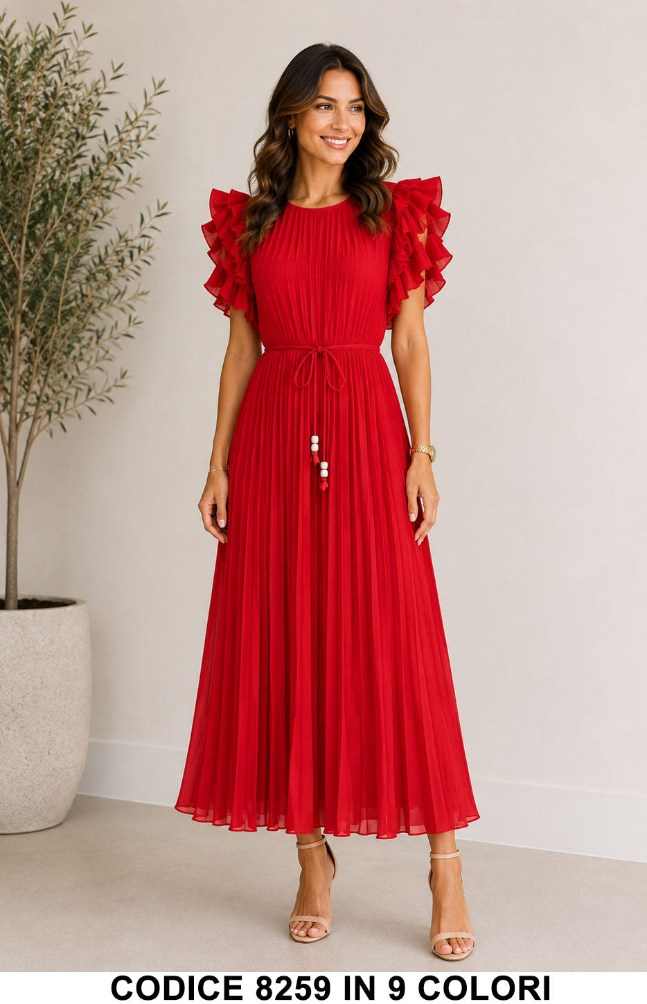 Abito Lungo Plissé con Maniche Volant e Cintura Vestito Casual Elegante in 9 Colori – Codice 8259