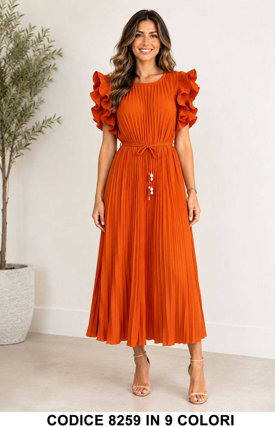 Abito Lungo Plissé con Maniche Volant e Cintura Vestito Casual Elegante in 9 Colori – Codice 8259
