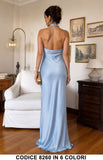 Abito Lungo Satin Collo Halter con Schiena Scoperta Vestito Elegante Cerimonia in 6 Colori – Codice 8260