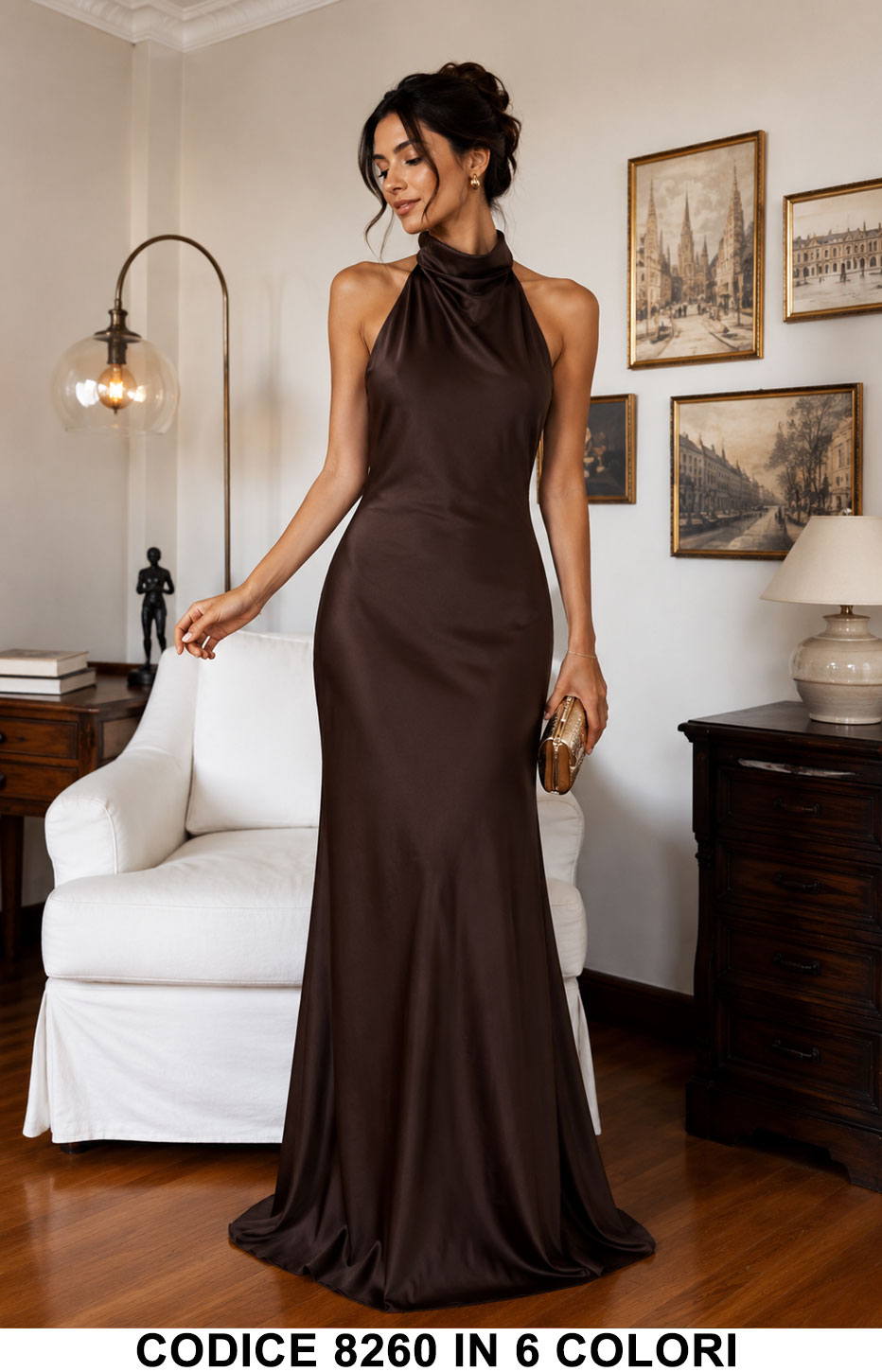 Abito Lungo Satin Collo Halter con Schiena Scoperta Vestito Elegante Cerimonia in 6 Colori – Codice 8260
