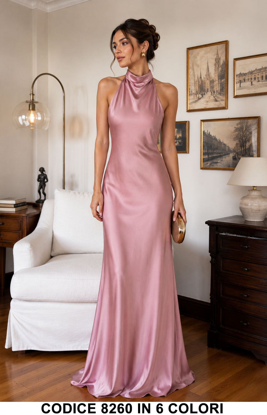 Abito Lungo Satin Collo Halter con Schiena Scoperta Vestito Elegante Cerimonia in 6 Colori – Codice 8260