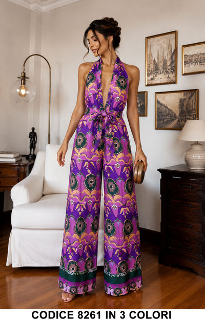 Tuta Intera Fantasia Palazzo Scollo profondo halter Jumpsuit Colorata Casual in 3 Colori – 8261